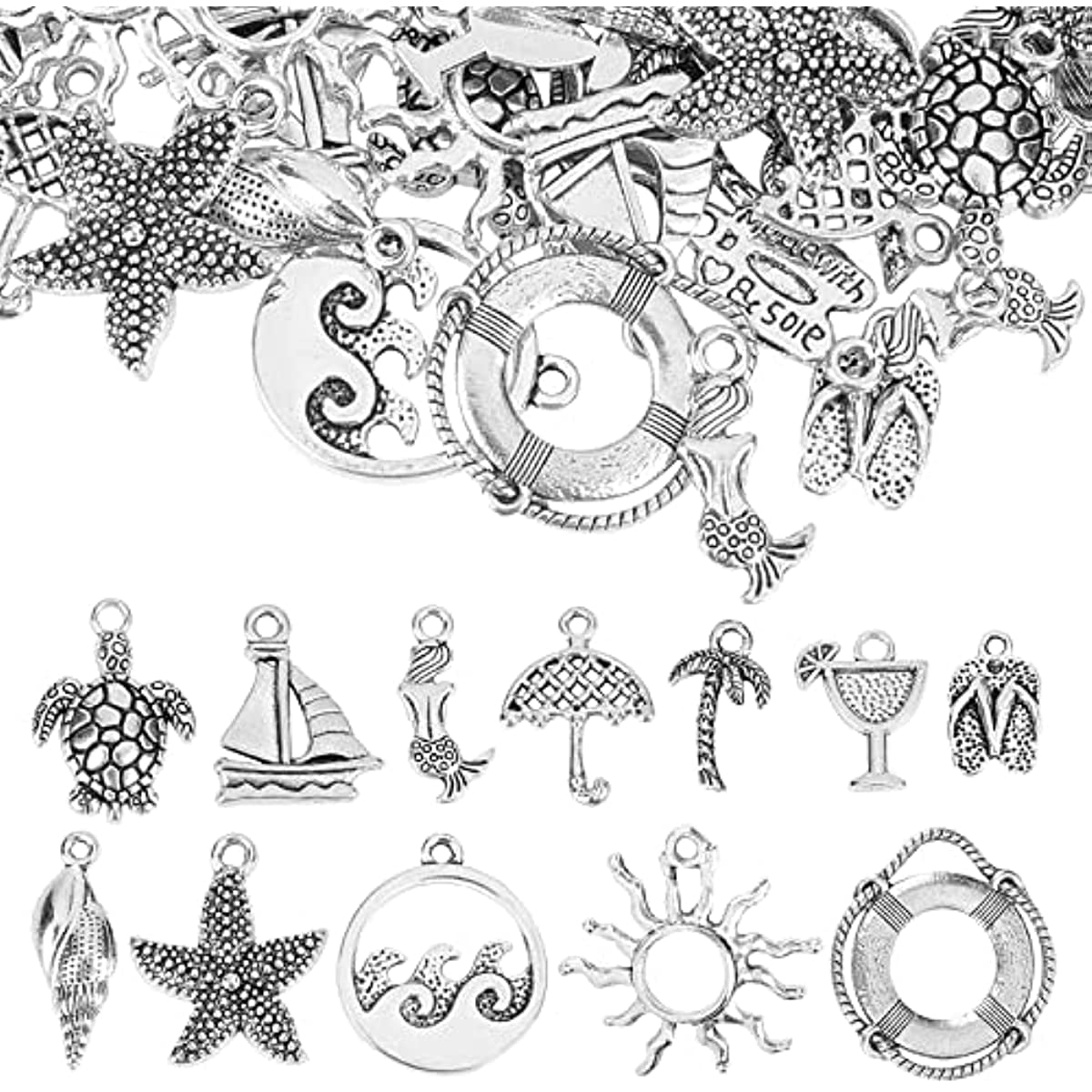 72Pcs Silver Ocean Charms Hawaii Beach Charm Bulk Tibetan Style Alloy Sea Turtle Sun Mermaid Charm Walmart Business Supplies