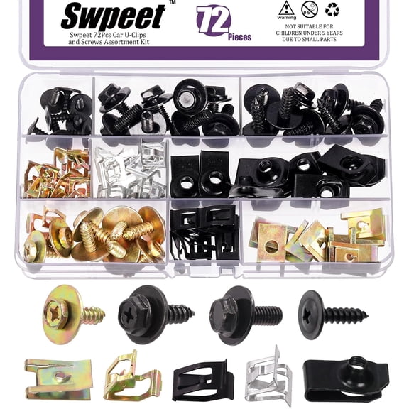72Pcs Universal Metal Engine Under Cover Body Bolts Bumper Fender and Metal Trim Panel Spring Clip Auto Car U-Clip Trim Moulding Clip with Matched Screws Compatible with Most Cars