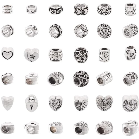 72Pcs Valentine's Day Spacer Beads European Large Hole Beads Assorted Metal Heart Column Rondelle Loose Bead Macrame Charm for Men Women Bracelet Necklace Jewelry Making Hole: 4~5.2mm Antique Silver