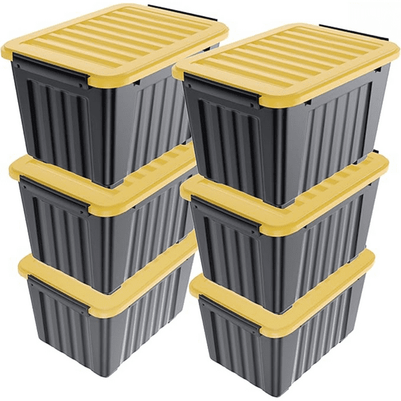 72Quart Plastic Storage Bin, Stackable and Nestable Storage Boxes with White Lids and Secure Latching Buckles, Large Storage Container (Black/Yellow, 72Quart-6Pack)