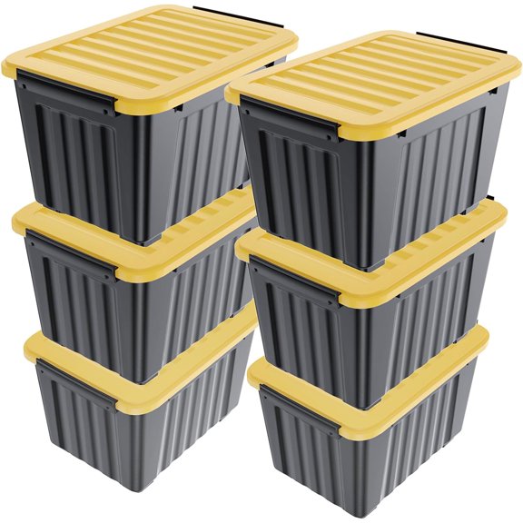 72Quart Plastic Storage Bin, Stackable and Nestable Storage Boxes with White Lids and Secure Latching Buckles, Large Storage Container (Black/Yellow, 72Quart-6Pack)
