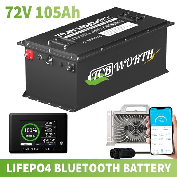 72V 105Ah Golf Carts Lithium Battery Bluetooth,with Touch Monitor & Mobile APP & Free Charger,15000+ Deep Cycles,Built in 200A BMS,Max 14.08kW Power Output