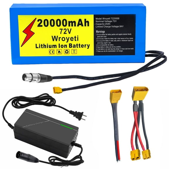 72V 20Ah Ebike Battery 72V Battery 72V Lithium Ion Battery 72V Electric Bike Battery with 3A Charger, XT60 Extension Cord, XT90 Connector for 200-3000W Electric Bicycles Motor