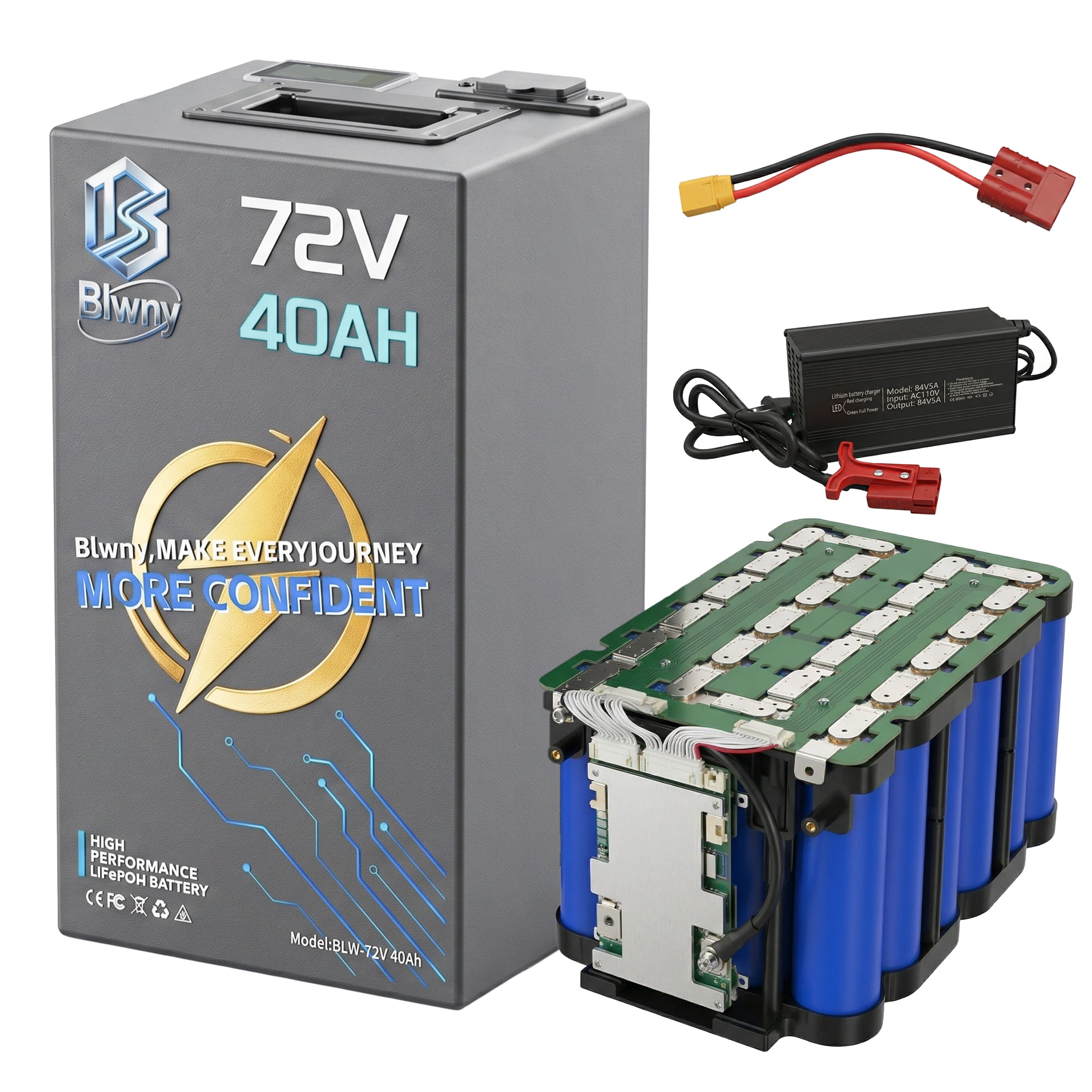 72V 40Ah LiFePO4 Battery,Automotive-Grade Cells | 5A Fast Charger,50A BMS,4000+ Cycles,50A Anderson & XT90 Connectors | Ideal for DIY 250W-3500W E-Tricycles, Scooters & Motorcycles