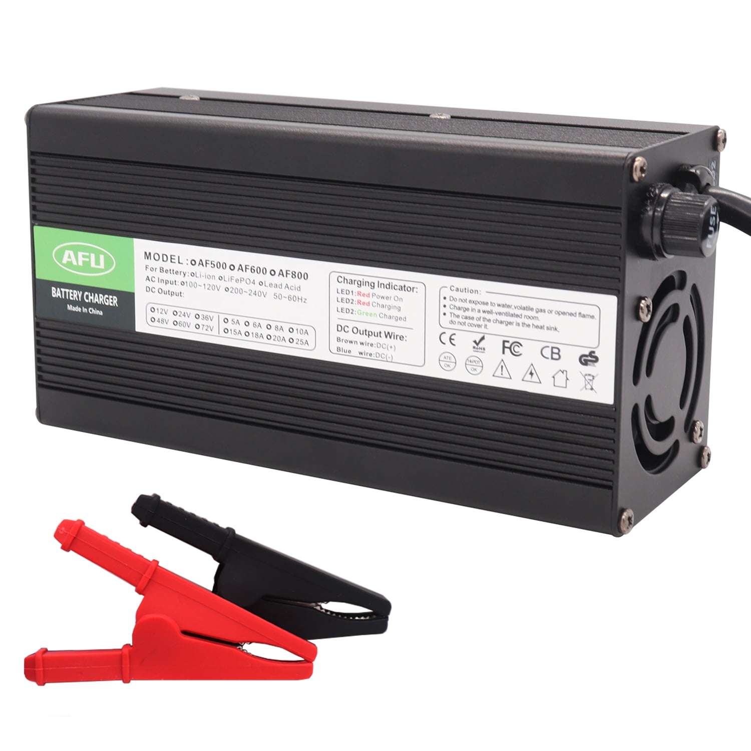 72V 6A Lead Acid Battery Charger 82.8V Charger DC Plug Alligator Clip Black Aluminum Case with Cooling Fan for 72V Lead Acid Battery