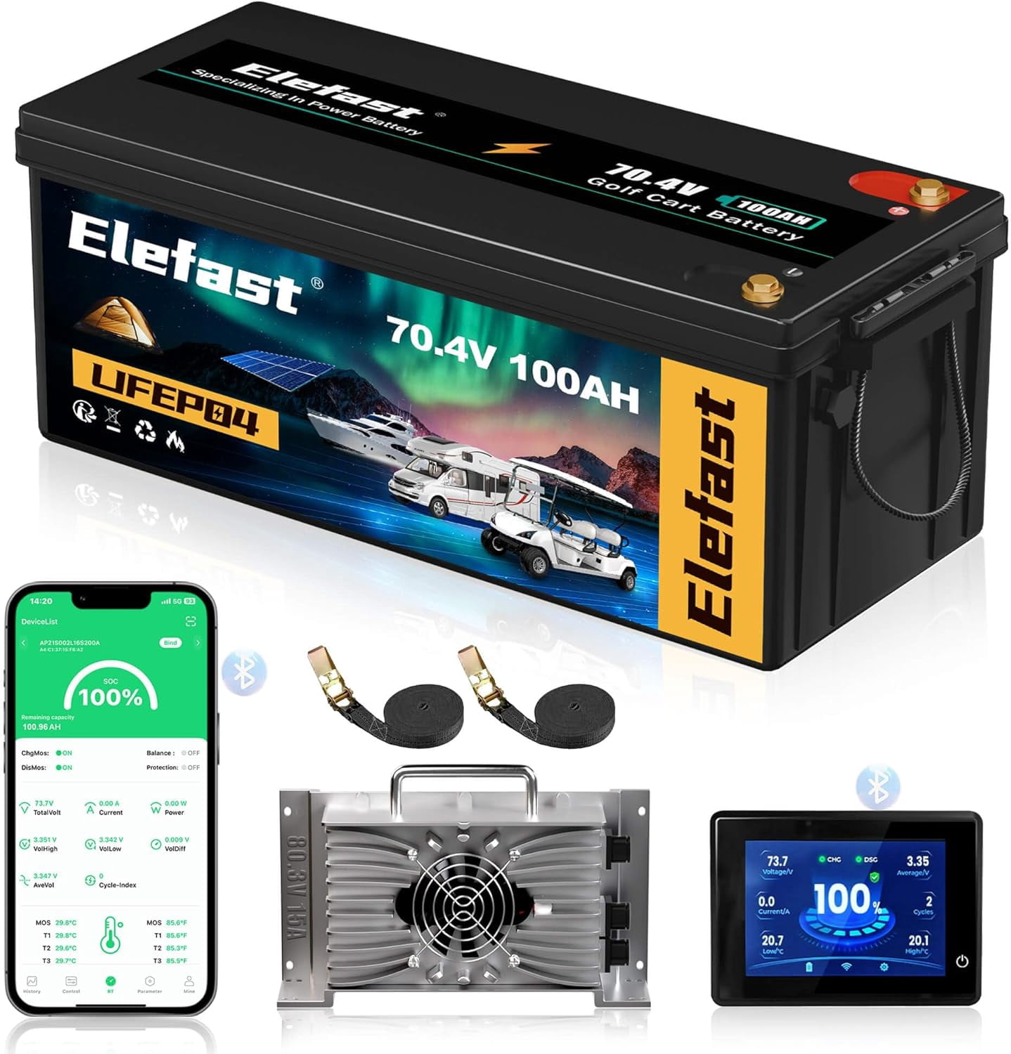 72V(70.4V) Lithium Golf Cart Battery Kit,70.4V 100AH Lifepo4 Battery with 80.3V 15A Fast Charger & Bluetooth Touch Screen,Peak 1000A,Built-in 200A BMS,8000+ Deep Cycles, Perfect for 72V Golf Carts.