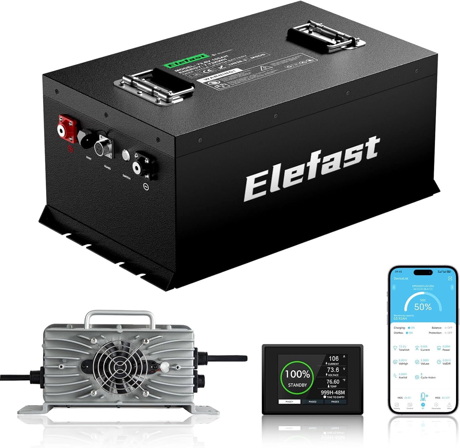 72V (73.6V) 105AH Lithium Golf Cart Battery, Supports 3C Discharge,Built-in 200A BMS and BlueTooth, Equipped with 83.9V 15A Fast Charger and LCD Touch Screen,8000+ Deep Cycles, Perfect for Golf Carts