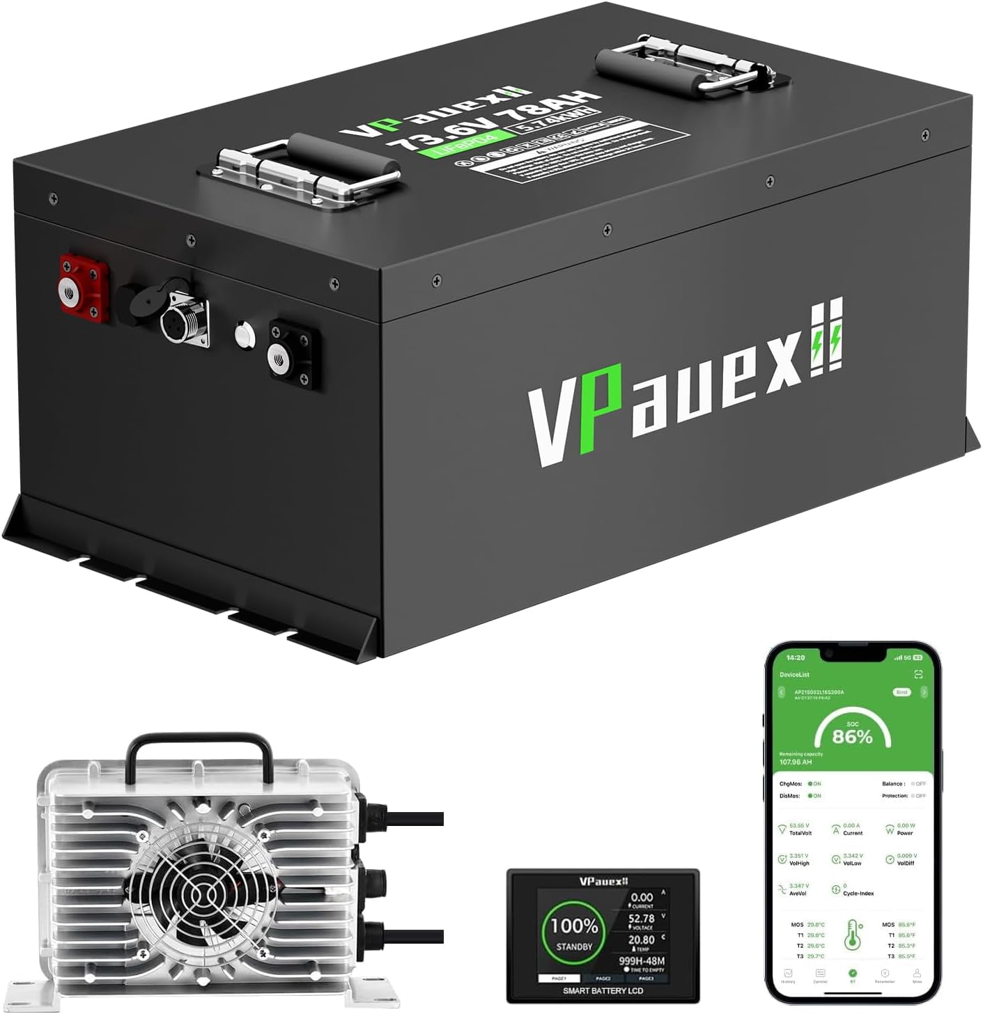 72V 78Ah Lithium Golf Cart Battery,72V Golf Cart Batteries with 15A Lithium Charger,Built-in 200A BMS,Metal Casing,Supports Mobile APP,Touch Monitor,6000+ Cycles,Peak Current 1000A
