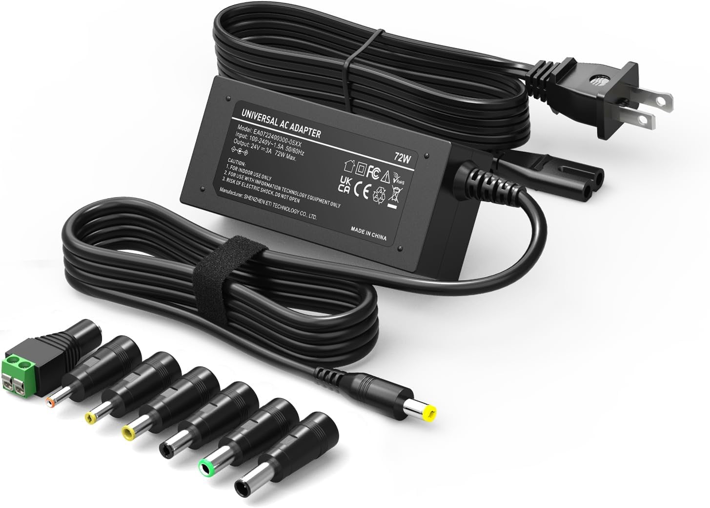 72W 24V 3A Power Supply Center Positive Universal AC Adapter with 7 ...