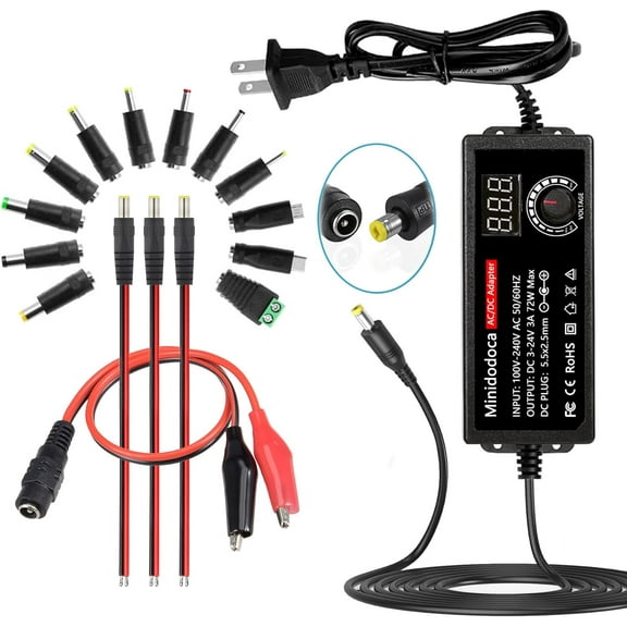 72W Power Supply Adjustable 3V ~ 24V Variable Universal Switching AC/DC Adapter AC to DC Converter with LED Volta Display and 16 Tips, for 3V to 24V Household Electronics - 3000mA Max