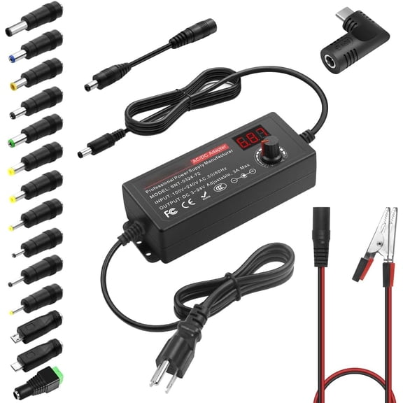 72W universal Power Supply Adjustable DC 3.5V ~ 24V 3A AC/DC Adapter with USB C Charger PD 65W Upgraded 100V-240V AC to DC Converter Variable Power Adapter,14 Tips,Alligator Clips Power Cable