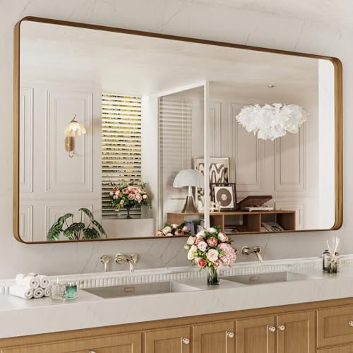 72X36 Inch Bathroom Mirror with Wood Grain Colored Metal Frame, Rounded ...