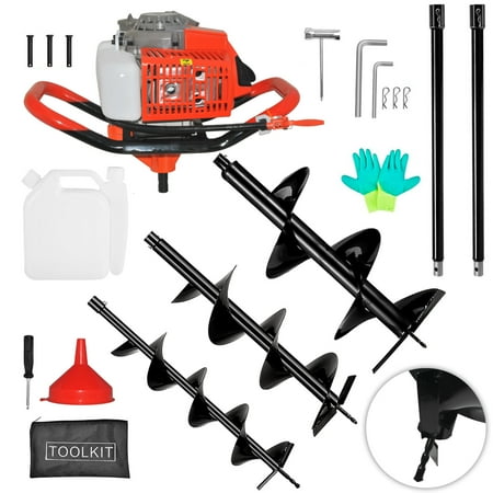 72cc Earth Auger Earth Digger, Auger Post Hole Digger With 2 Extension Rods + 3Auger Drill Bits (4"/8"/12°)For Fence, Farmland And Garden