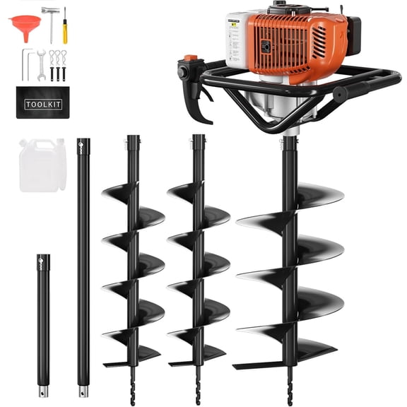 72cc Gas Powered Post Hole Digger, Earth Auger with 6" & 8" Drill Bits and 2 Extension Rods, Heavy Duty Earth Digger for Farmland, Garden, Fence Posts and Tree Planting (72CC)