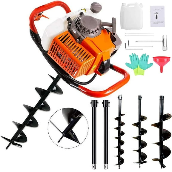 72cc Post Hole Digger 2-Stroke Petrol Gas Powered Earth Digger with 2 Extension Rods + 3 Auger Drill Bits (4" 8" & 12") for Farm Garden Plant