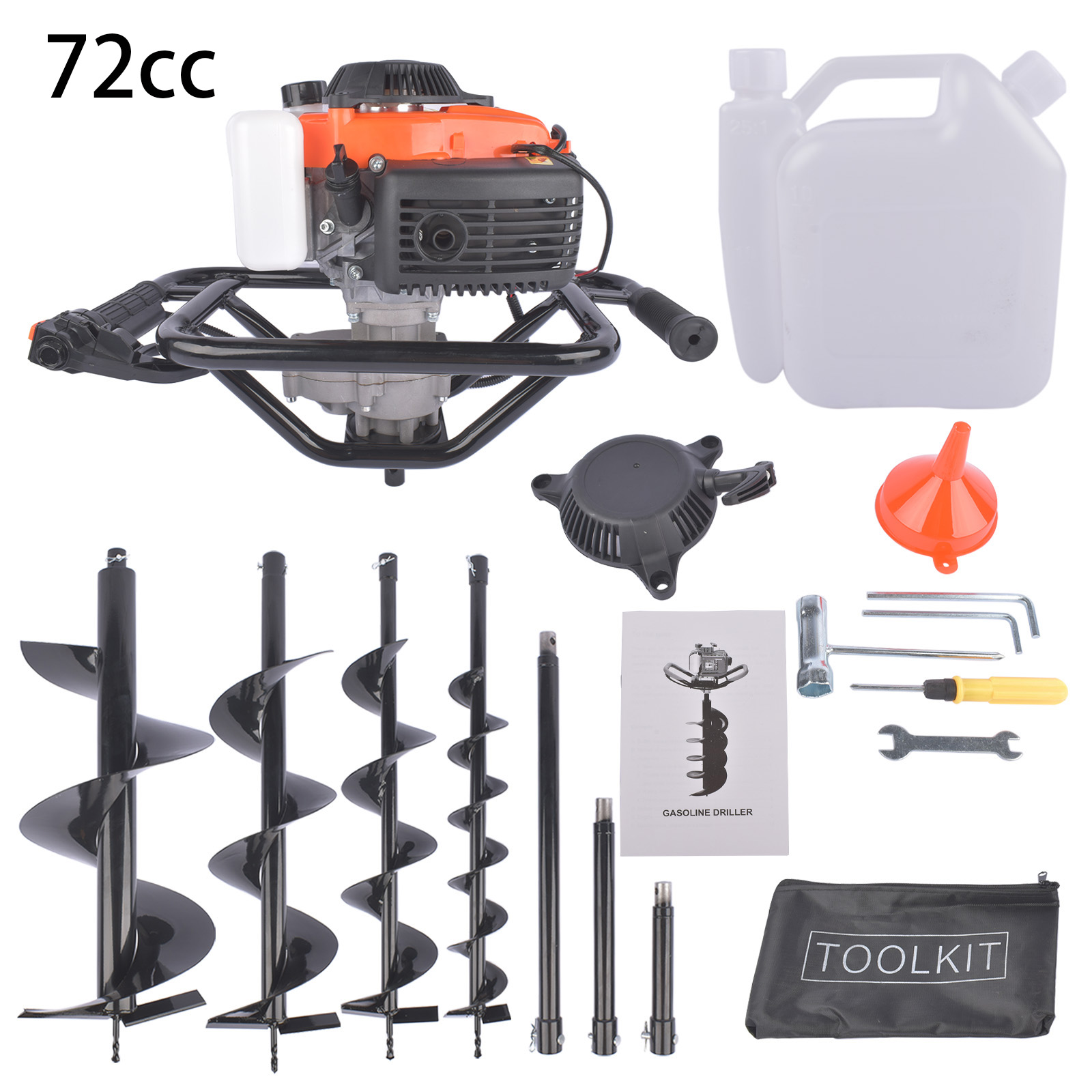 72cc Post Hole Digger Gas Powered Earth Digger with 4 Auger Drill Bits