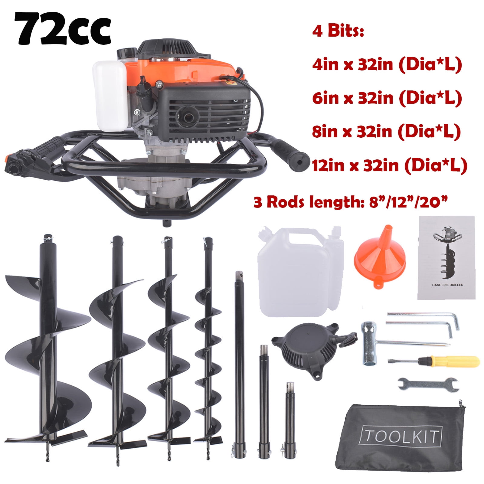 72cc Post Hole Digger Gas Powered Earth Digger with 4 Auger Drill Bits ...