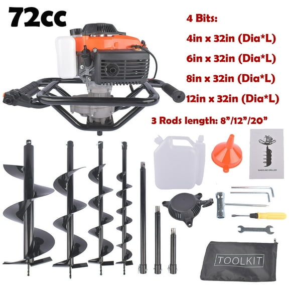 72cc Post Hole Digger Gas Powered Earth Digger with 4 Auger Drill Bits 4" 6" 8" 12" + 3 Extension Rods 8" 12" 20'', Auger Post Hole Digger for Farm Garden Plant, Orange Garden Auger
