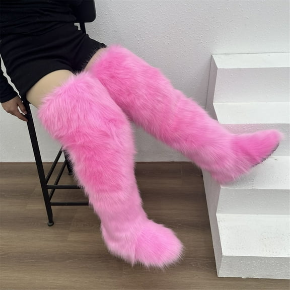 72cm Women's Winter Solid Color Fluffy Faux Fur Over-the-Knee Snow Boots Girls's Outdoor Plush Warm Furry Long Boots Big Size