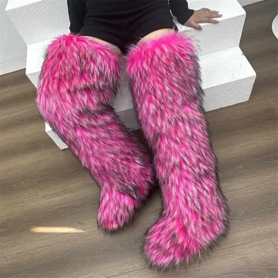 72cm Women's Winter Solid Color Fluffy Faux Fur Over-the-Knee Snow Boots Girls's Outdoor Plush Warm Furry Long Boots Big Size