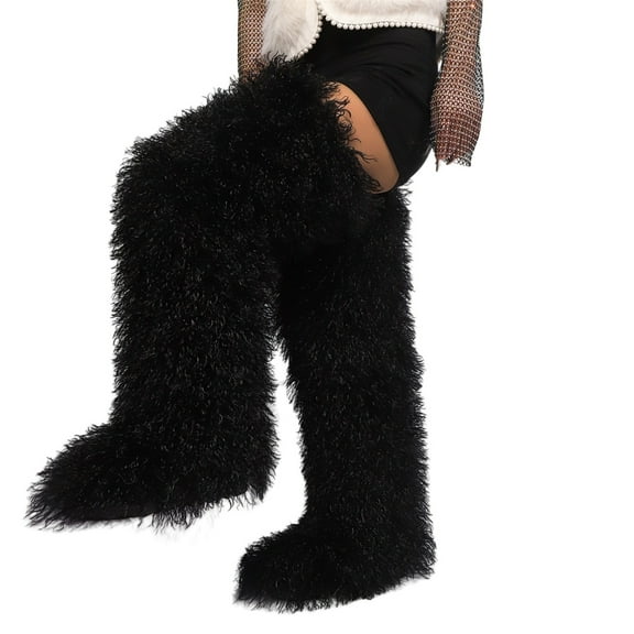 72cm Women's Winter Solid Color Fluffy Faux Mongolian Over-the-Knee Snow Boots Girls's Outdoor Plush Warm Furry Long Boots Big Size