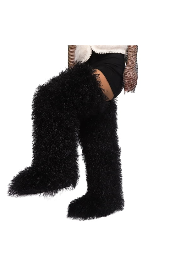 72cm Women's Winter Solid Color Fluffy Faux Mongolian Over-the-Knee Snow Boots Girls's Outdoor Plush Warm Furry Long Boots Big Size