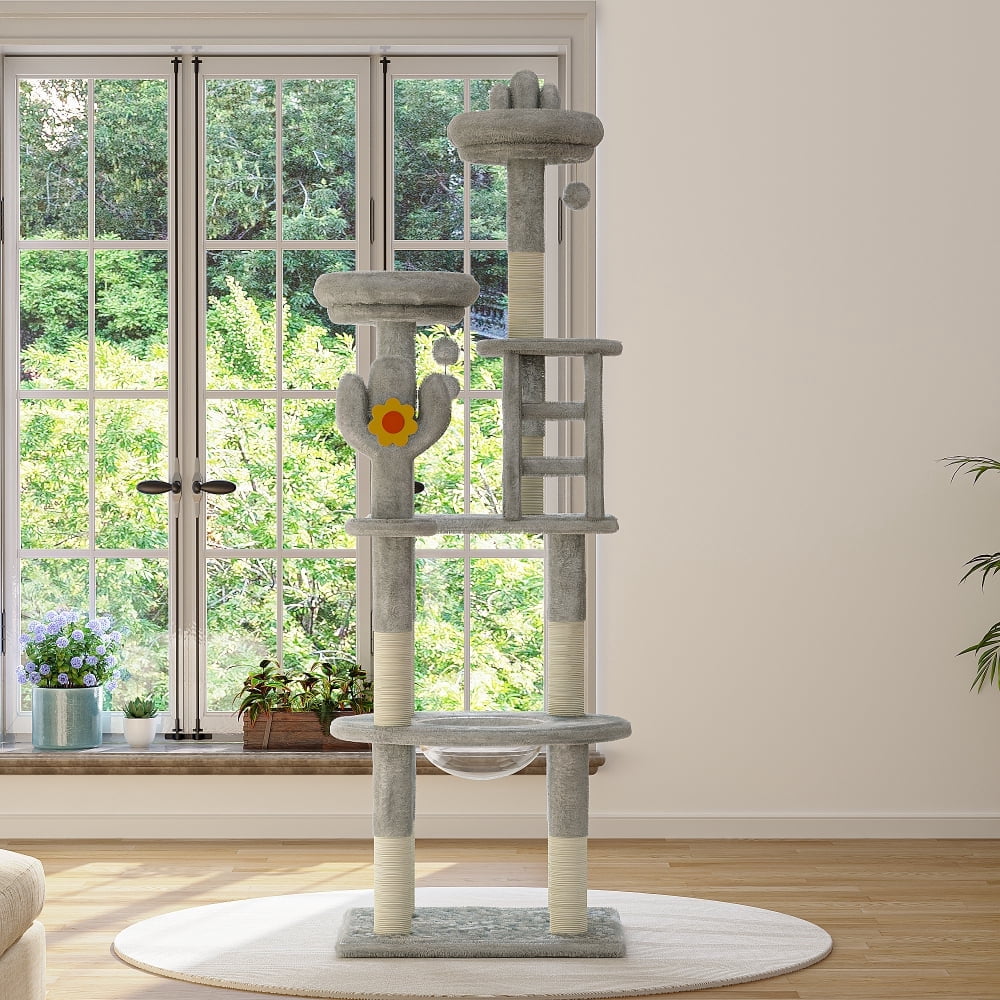 72in Cactus Cat Tree Multi-Level Tall Cat Tower with Transparent Capsule Sisal Scratching Posts Plush Perches and Interactive Toys Indoor Cat Activity Center for Kittens & Large Cats Gray