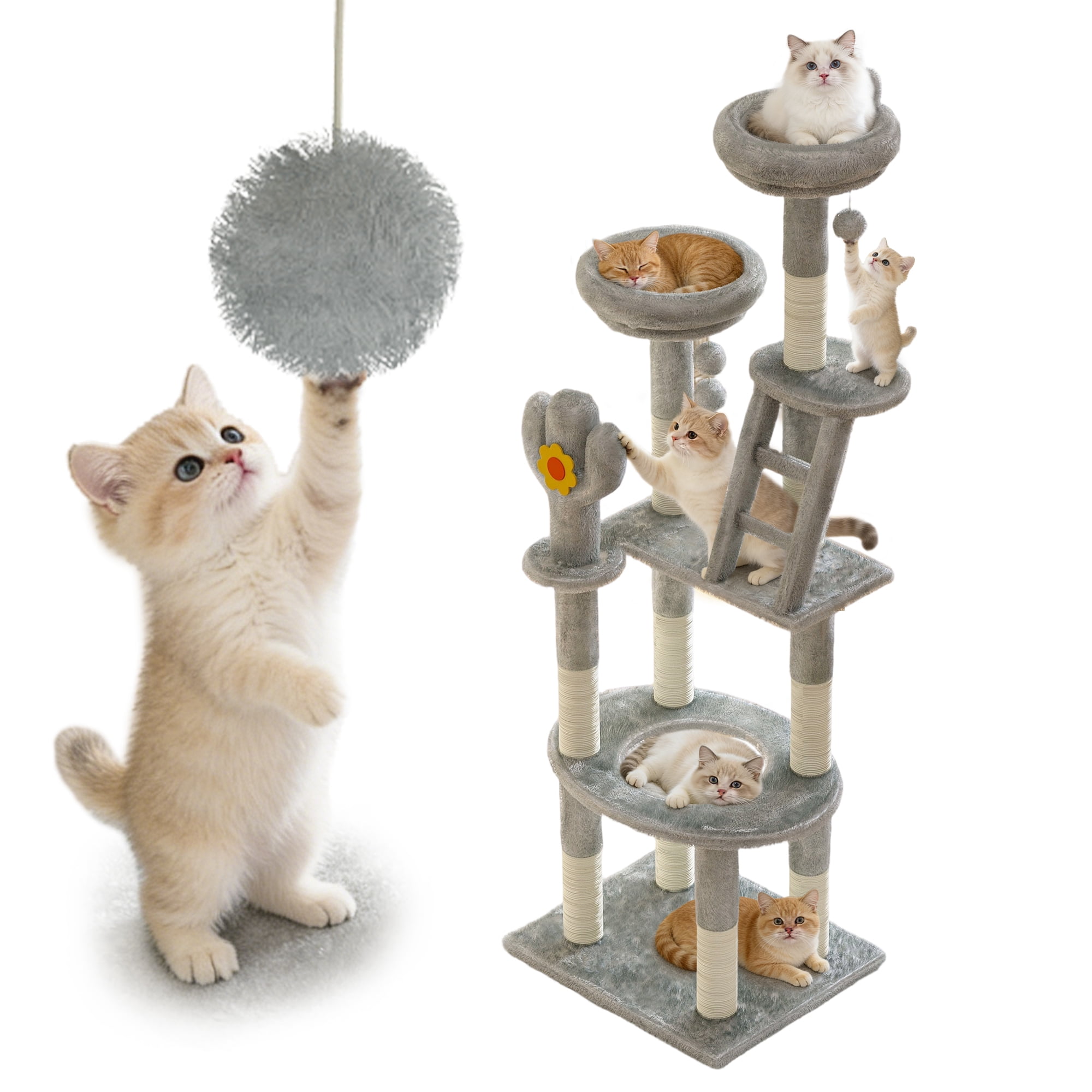 Sluting 72in Cactus Cat Tree for Indoor Cats, Tall Cat Tower with Transparent Capsule, Sisal Scratching Posts & Interactive Toys, Gray