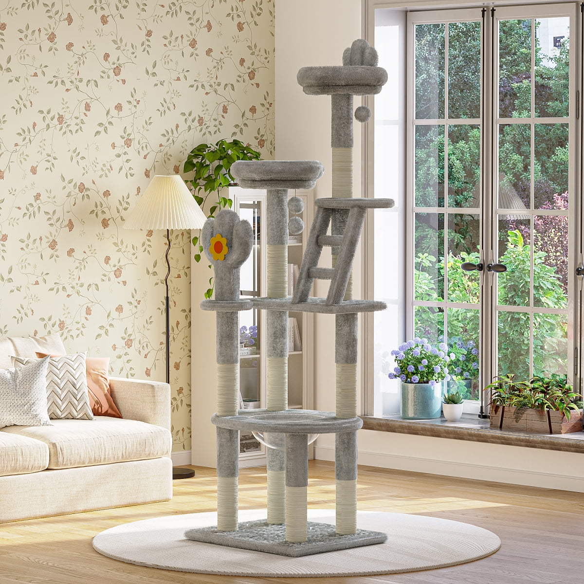 72in Cactus Cat Tree Tall Cat Tower Indoor Cats with Transparent Capsule Sisal Scratching Posts Gray
