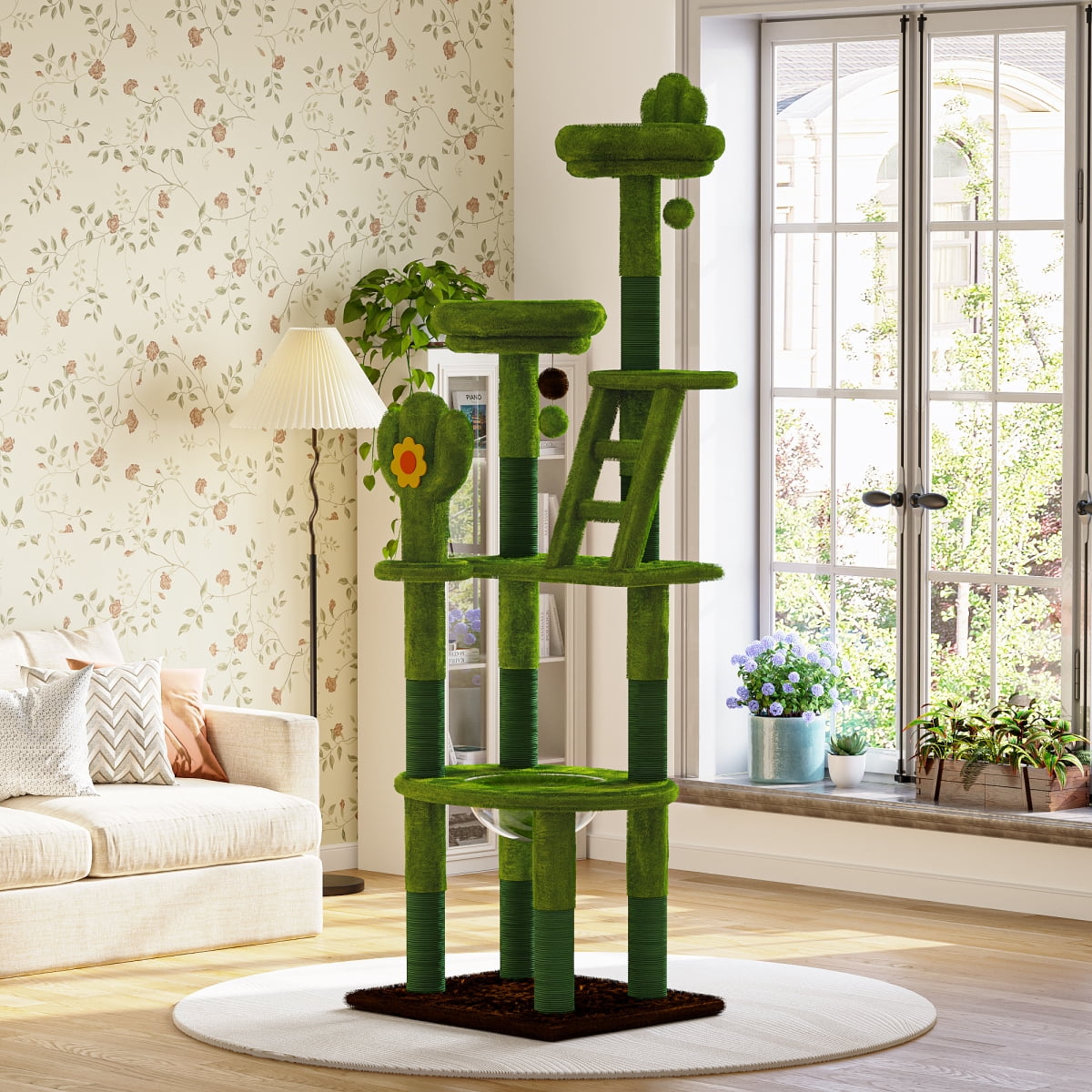 72in Cactus Cat Tree Tall Cat Tower Indoor Cats with Transparent Capsule Sisal Scratching Posts Green