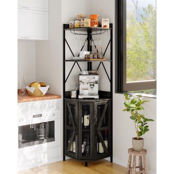 72in Corner Wine Cabinet with Power Outlet, Industrial Wine Cabinet w/LED Strip&Glass Holder, 5 Tiers Liquor Cabinets Bar for Home, Small Space, Display Cabinets for, 12 Colors, Mesh Door