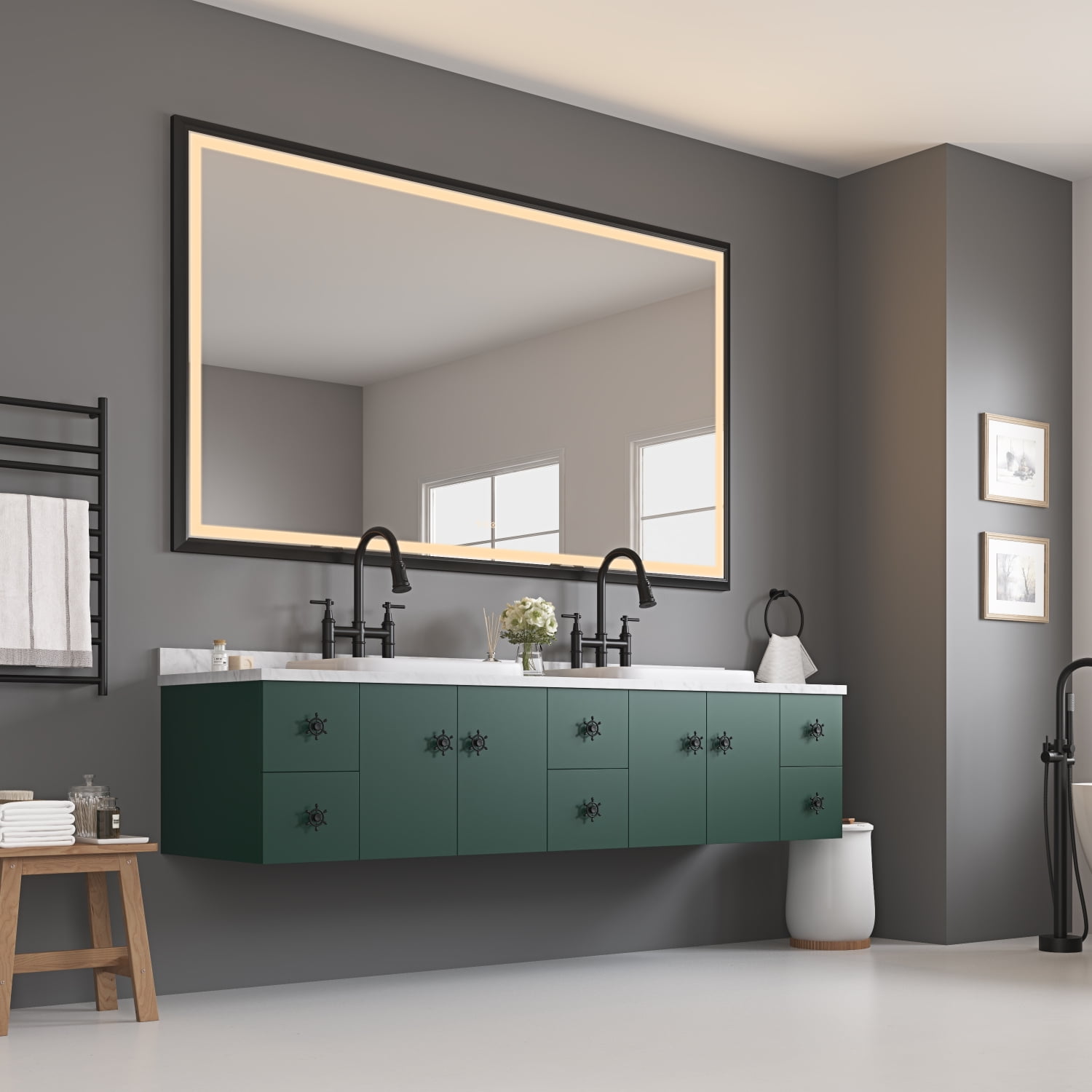 72in. W x 48in. H Oversized Rectangular Black Framed LED Mirror Anti