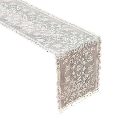 72in White Lace Christmas Table Runner – Snowflake Embroidered Hollow Design with Tassels – Festive Tablecloth for Holiday Dining & Home Décor