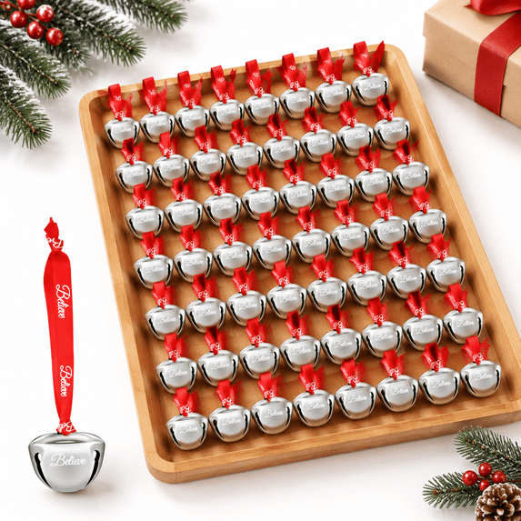 72mas Believe Bell Ornaments 1.5 Inch Polar Santa Sleigh Jingle Bells ...