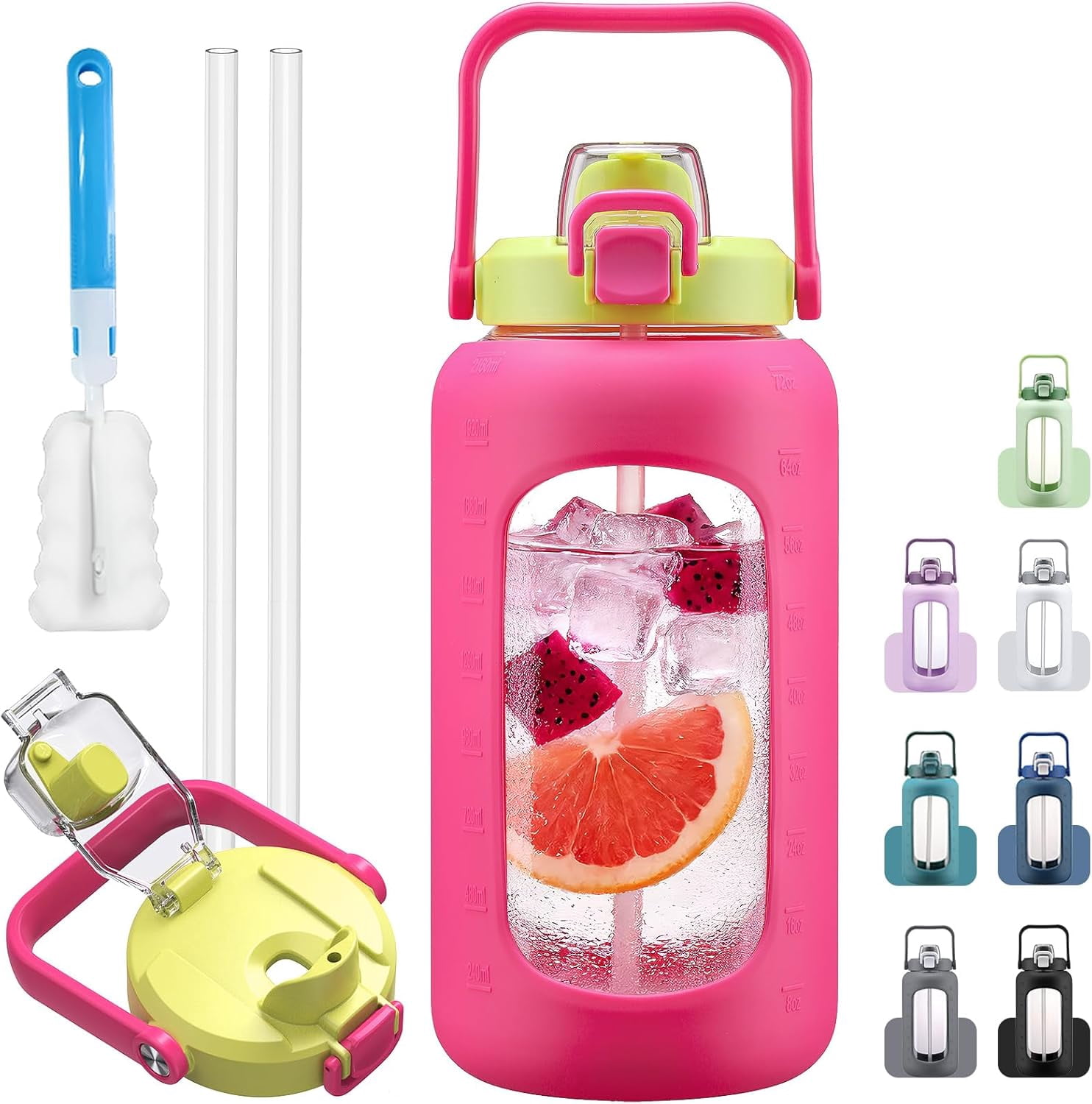 72oz Glass Water Bolttles, 3-in-1 Straw and Sip Spout Handle Lid, Half Gallon Water Bottle with Time Marker and Silicone Sleeve, BPA-Free Sports Water Bottle for Gym, School, Bright Pink
