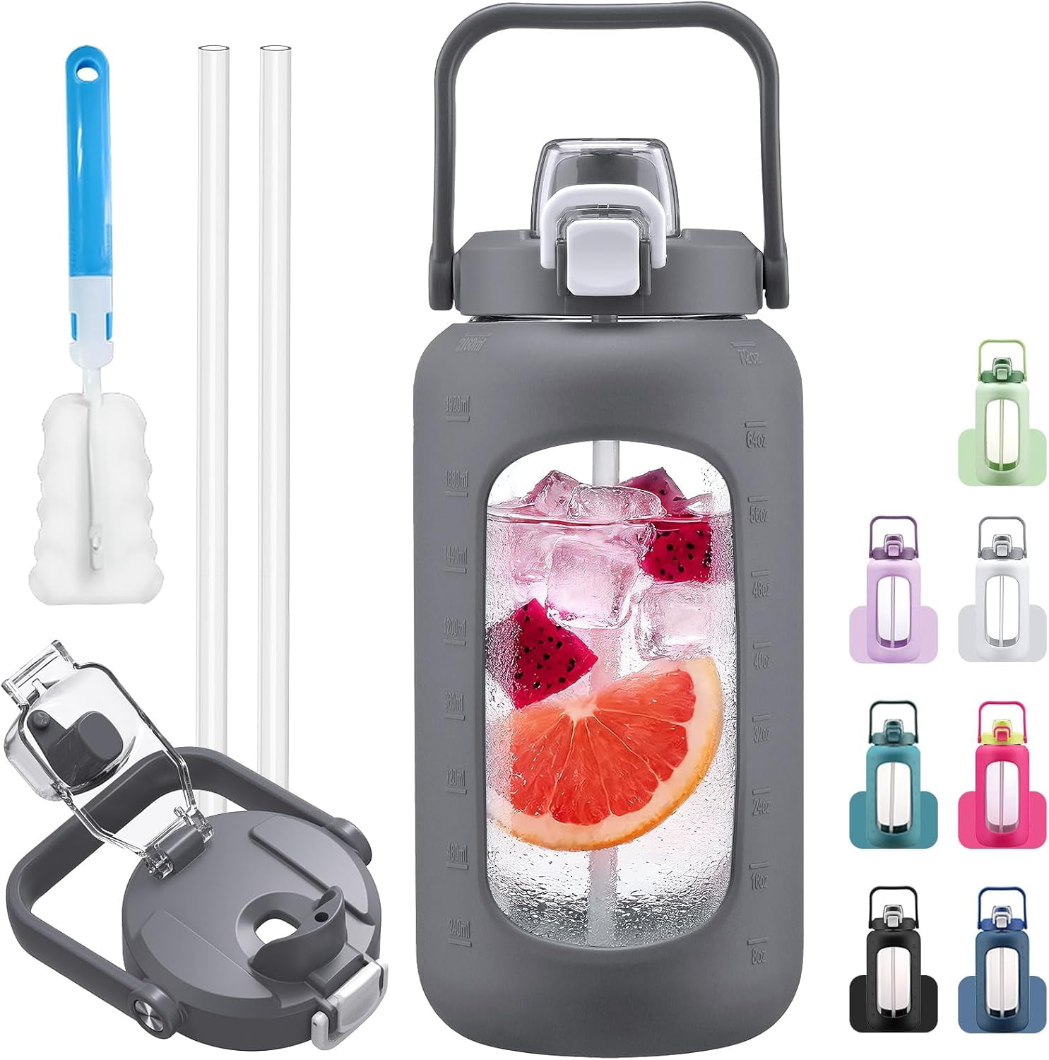 72oz Glass Water Bolttles, 3-in-1 Straw and Sip Spout Handle Lid, Half Gallon Water Bottle with Time Marker and Silicone Sleeve, BPA-Free Sports Water Bottle for Gym, School, Bright Pink