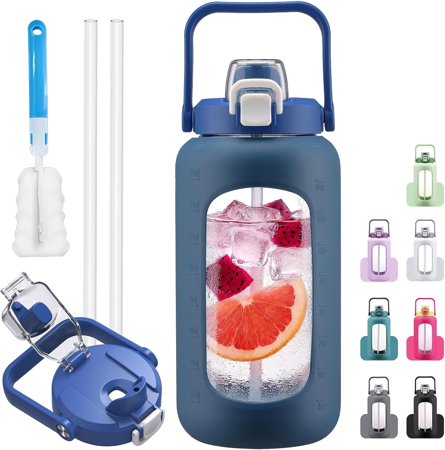 72oz Glass Water Bolttles, 3-in-1 Straw and Sip Spout Handle Lid, Half Gallon Water Bottle with Time Marker and Silicone Sleeve, BPA-Free Sports Water Bottle for Gym, School, Bright Pink