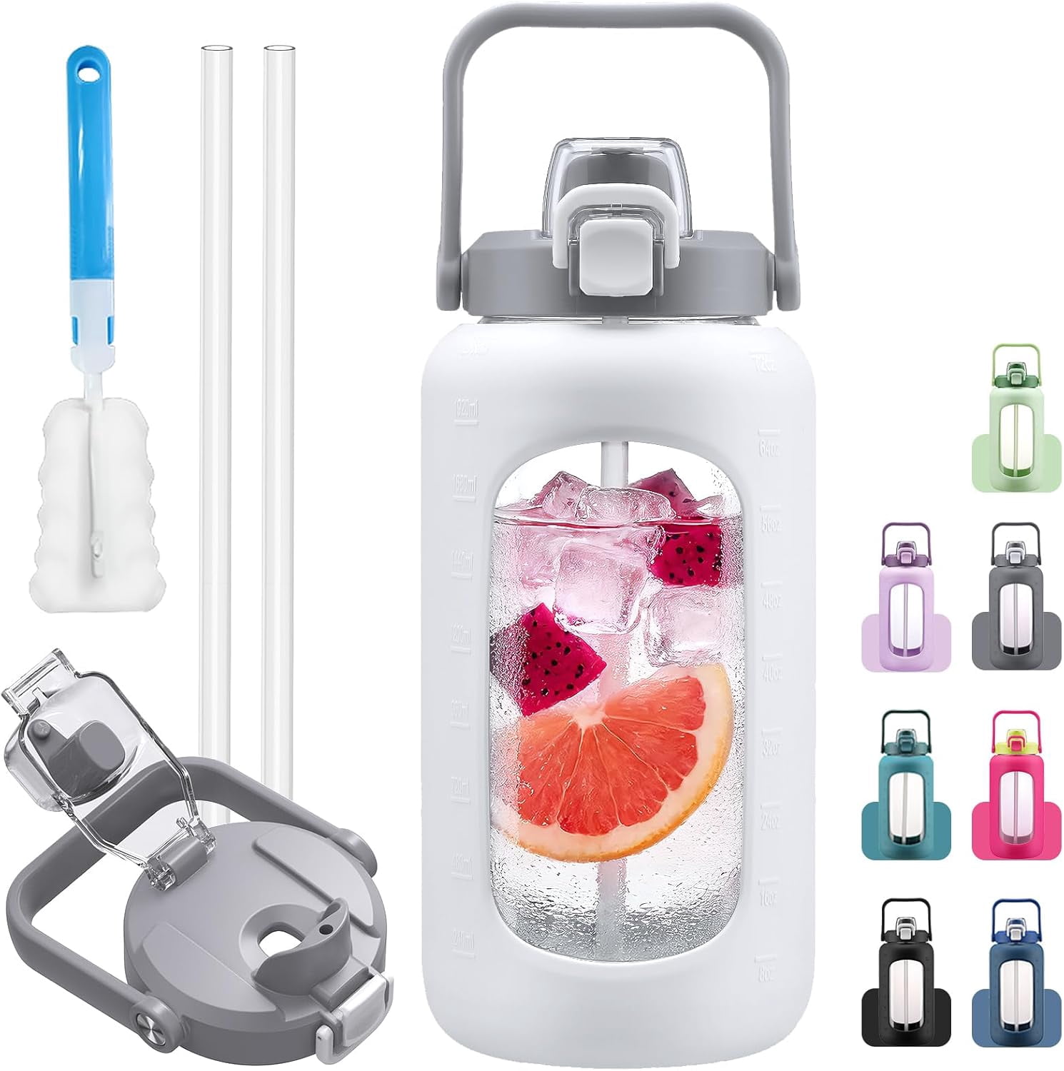 72oz Glass Water Bolttles, 3-in-1 Straw and Sip Spout Handle Lid, Half Gallon Water Bottle with Time Marker and Silicone Sleeve, BPA-Free Sports Water Bottle for Gym, School, Bright Pink