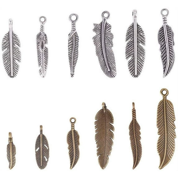 72pcs 12 Style Feather Pendants Charms Beads for DIY Dreamcatcher Necklace Bracelet Jewelry Making Antique Silver Bronze