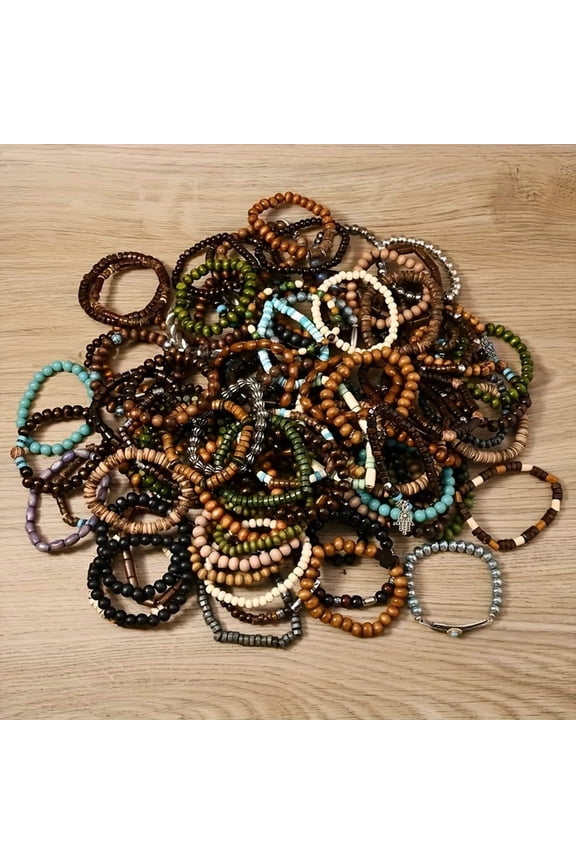 72pcs Boho Wooden Bead Bracelet Set - Handcrafted, Stackable Stretch Design for Couples, Ideal Anniversary Gift, No Mosaic Material