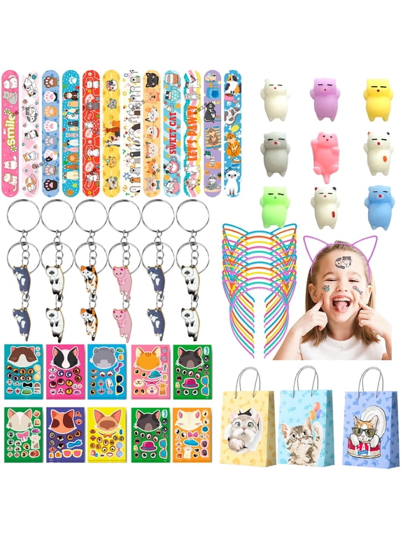 72pcs Cat Party Favors, Kitty Party Favors Set - Cat Goodie Bags Ears Headband Stickers Keychains Slap Bracelets etc Cat Party Favors for Cat Birthday Party Decorations Supplies