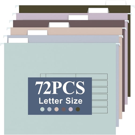 72pcs Hanging File Folders Letter Size, Paper Filing Cabinet Folders Organizer with 1/5-Cut Tabs and Inserts, Suspension File Organizers for Office School Home Hospital