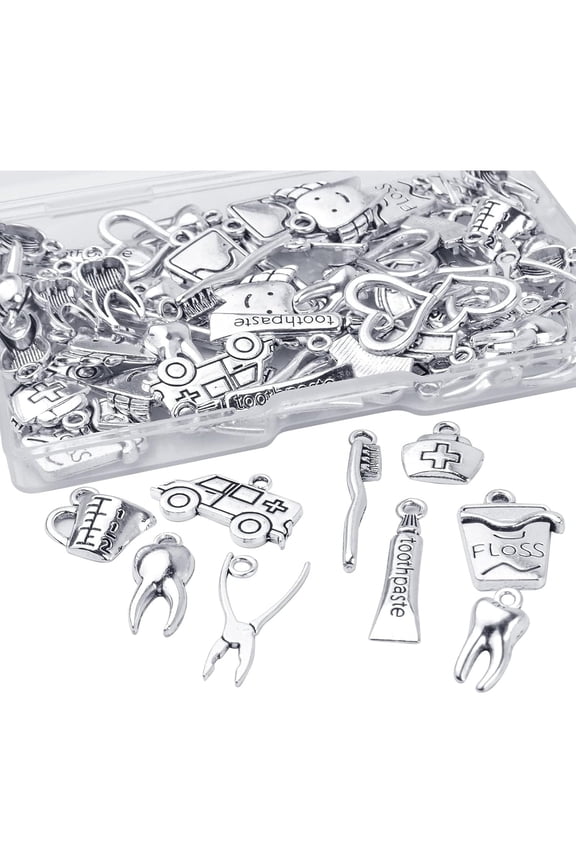 72pcs  Healthy Tooth Teeth Charms Dentist Dental Hygienist Pendants with A Box Crafts Supplies for DIY Jewelry Necklace Bracelet Making,Antique Silver