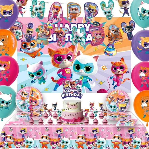 72pcs Super Kitties Birthday Party Supplies - Balloon Decorations, Banner, Backdrop, Cake & Cupcake Toppers, Tablecloth Plate paper towels
