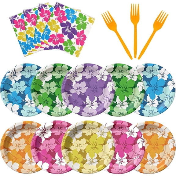 72pcs Tropical Hibiscus Party Paper Plates Set, 9 Inch Hawaiian Disposable Plates with Napkins and Forks for Summer Party Luau Table Decorations Hawaiian Pool Party Supplies, Serve 24 Guests