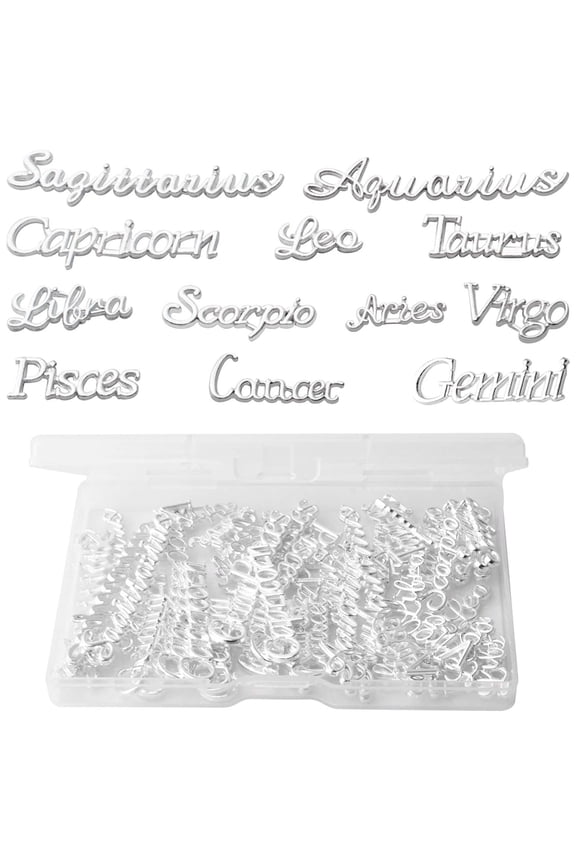 72pcs Twelve Zodiac Word Message Charms Alloy Flatback Epoxy Resin Supplies Filling Charm Pendants with A Box for DIY Jewelry Making Accessory