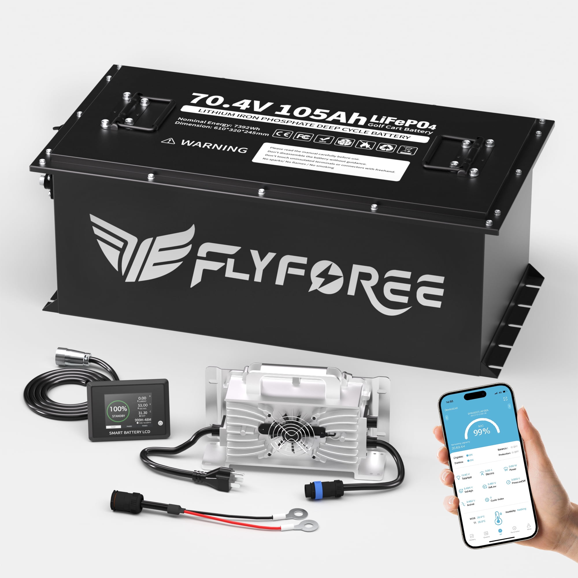 72v 105ah Golf Cart Battery Buletooth,Built in Smart 200A BMS with Monitor and 18 Amp Charger,MAX 7680W, 15000+ Cycles Lithium Lifepo4 Battery