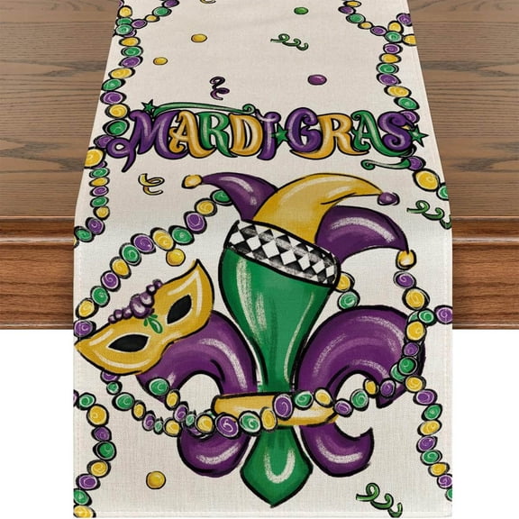 72x13in Mardi Gras Table Runner – 3 Vibrant Carnival Designs (Mask, Fleur-de-Lis & Mardi Gras Elements) for Party, Home & Dining Table Decor