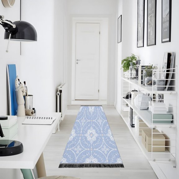 72x23.5 Inch Washable Runner Rug Non-Slip Rug with Dotted Backing for Hallway Bedroom Kitchen Blue Tile Printed