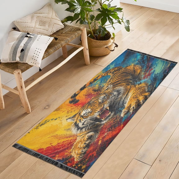 72x23.5 Runner Rug Non Slip Washable Abstract Roaring Tiger Graphic Soft Short Pile Bedroom Runner Carpet for Bedroom Hallway Entryway Kitchen Laundry